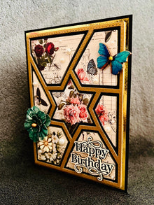 Vintage Florals Print Retiform Style Star Center Happy Birthday Card with Flower and Butterfly