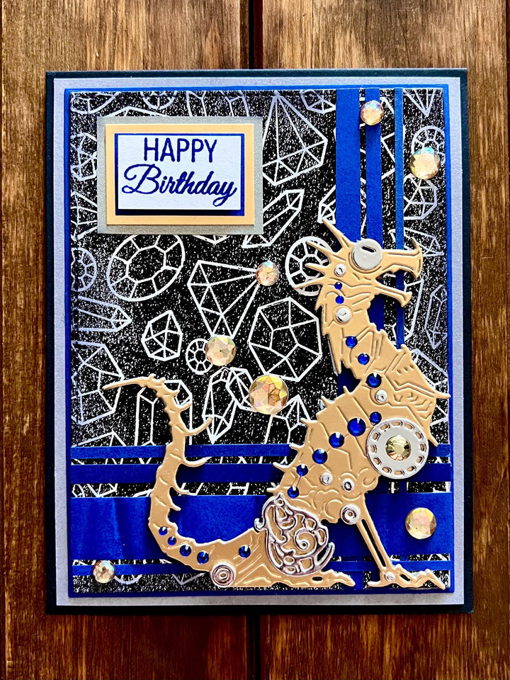 Gold Mechanical Steampunk Dragon Distressed Gem Outline Background Happy Birthday Card