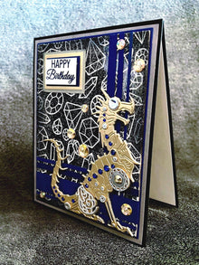Gold Mechanical Steampunk Dragon Distressed Gem Outline Background Happy Birthday Card