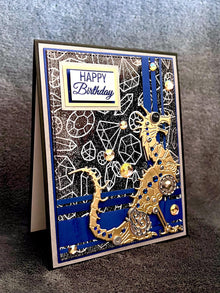 Gold Mechanical Steampunk Dragon Distressed Gem Outline Background Happy Birthday Card