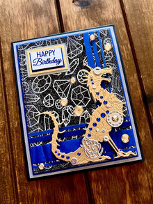 Gold Mechanical Steampunk Dragon Distressed Gem Outline Background Happy Birthday Card