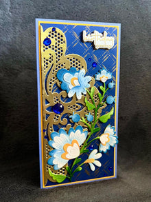 Whimsical Blue and Yellow Floral Spray and Gold Lace Doily Birthday Greetings Slimline Card