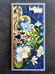 Whimsical Blue and Yellow Floral Spray and Gold Lace Doily Birthday Greetings Slimline Card