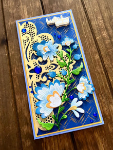 Whimsical Blue and Yellow Floral Spray and Gold Lace Doily Birthday Greetings Slimline Card