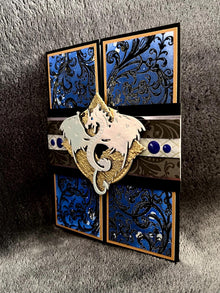 Silver Dragon Gold Diamond Shaped Emblem Medallion and Blue Filigree Scrollwork Gatefold Blank Card