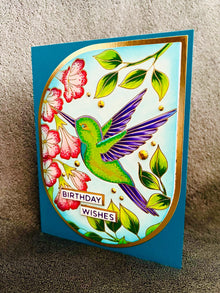 Green and Purple Hummingbird and Trumpet Vine Florals Birthday Wishes Card