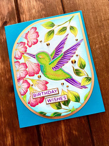 Green and Purple Hummingbird and Trumpet Vine Florals Birthday Wishes Card