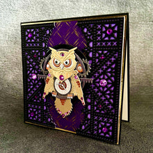 Steampunk Gold Owl Purple Background with Detailed Black Gates Blank Card