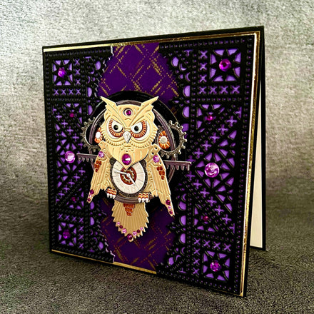 Steampunk Gold Owl Purple Background with Detailed Black Gates Blank Card