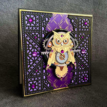Steampunk Gold Owl Purple Background with Detailed Black Gates Blank Card