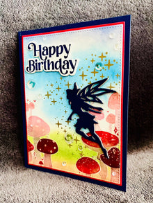 Blue Silhouette Fairy with Gold Pixie Dust Mushroom Scene Birthday Card