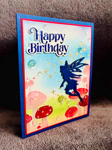 Blue Silhouette Fairy with Gold Pixie Dust Mushroom Scene Birthday Card