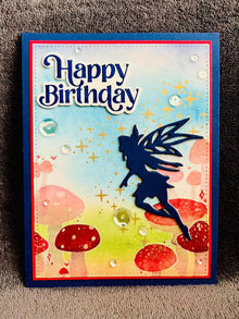 Blue Silhouette Fairy with Gold Pixie Dust Mushroom Scene Birthday Card