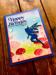 Blue Silhouette Fairy with Gold Pixie Dust Mushroom Scene Birthday Card
