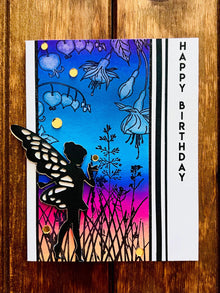 Black Silhouette Fairy Dusk Scene Birthday Card
