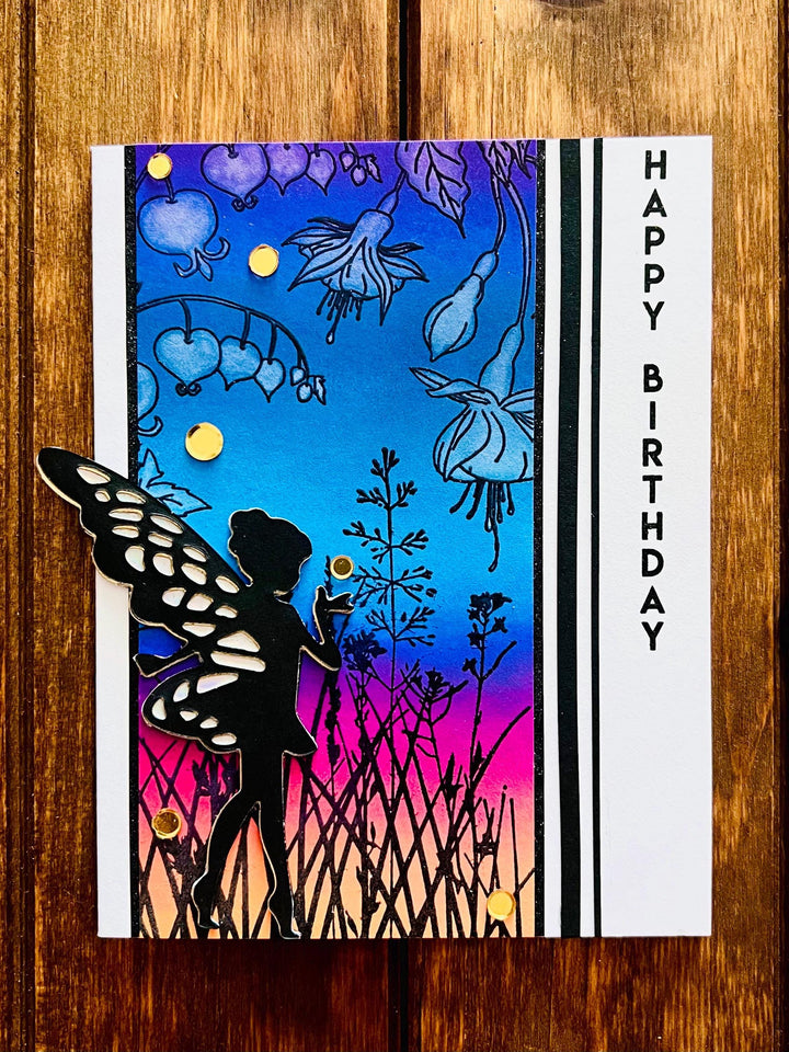 Black Silhouette Fairy Dusk Scene Birthday Card