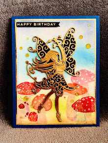 Gold Silhouette Fairy Mushroom Scene Birthday Card