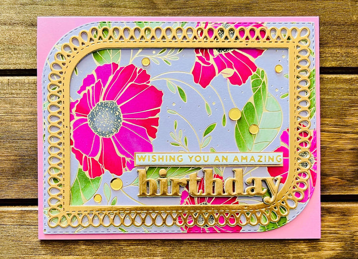 Pink Cosmos Birthday Card: Foiled Flowers, Sequin Accents