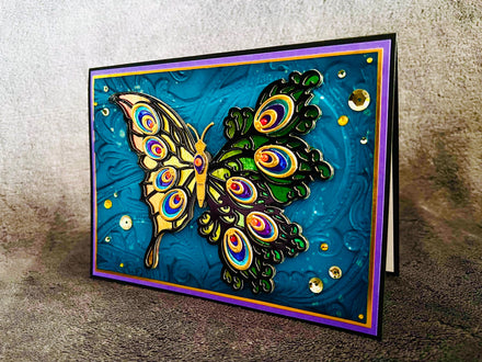Rainbow Peacock Feather Winged Butterfly Blank Card