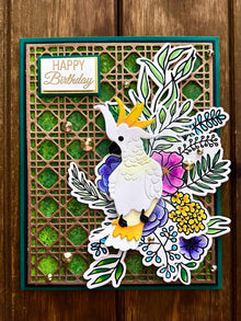 Floral Cockatoo with Geometric Fence Background Happy Birthday Card