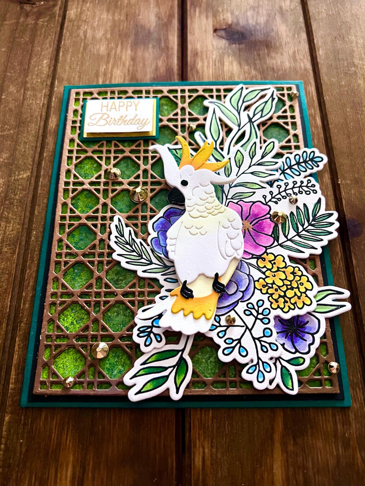 Floral Cockatoo with Geometric Fence Background Happy Birthday Card