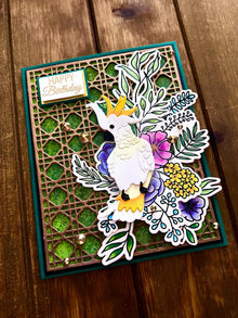 Floral Cockatoo with Geometric Fence Background Happy Birthday Card
