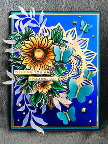 Yellow Sunflower and Dimensional Teal Butterflies Wishing You an Amazing Day Card
