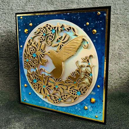 Gold Hummingbird Blue Sky Background Blank Card