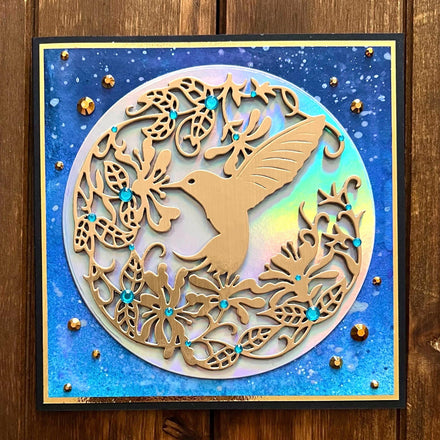 Gold Hummingbird Blue Sky Background Blank Card