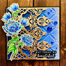 Blue Dahlia Bouquet and Gold Filigree Lace - May Today Be Beautiful / Happiest of Birthdays Card