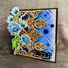 Blue Dahlia Bouquet and Gold Filigree Lace - May Today Be Beautiful / Happiest of Birthdays Card