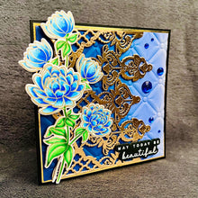 Blue Dahlia Bouquet and Gold Filigree Lace - May Today Be Beautiful / Happiest of Birthdays Card