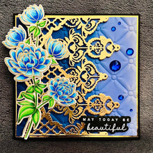 Blue Dahlia Bouquet and Gold Filigree Lace - May Today Be Beautiful / Happiest of Birthdays Card