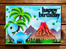 Blue Dinosaur And Volcano Happy Birthday Card