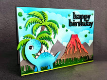 Blue Dinosaur And Volcano Happy Birthday Card