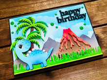 Blue Dinosaur And Volcano Happy Birthday Card