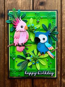 Pink Cockatoo with Blue Parrot and Bamboo Background Happy Birthday Card