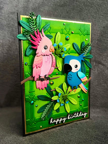 Pink Cockatoo with Blue Parrot and Bamboo Background Happy Birthday Card