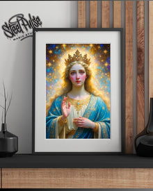 Celestial Queen | Ethereal Goddess Portrait Print | Golden Halo Fantasy Art | Divine Starlight Wall Decor | 2 Sizes