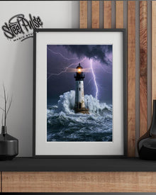 Storm Guardian Lighthouse | Dramatic Fantasy Art Print | Lightning Ocean Wall Art | Moody Watercolor Style | 2 Sizes