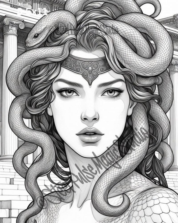 Medusa's Gaze | Mythic Gorgon Portrait Print | Fantasy Line Art | Greek Myth Wall Art | 2 Sizes