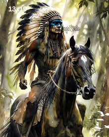 Warrior of the Wild | Native American Chief on Horseback | Epic Fantasy Portrait Print | Forest Wall Art | 2 Sizes