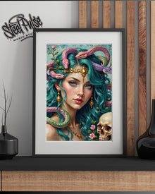 Serpent Goddess | Vibrant Medusa Portrait Print | Fantasy Snake Hair Art | Floral Skull Wall Decor | 2 Sizes