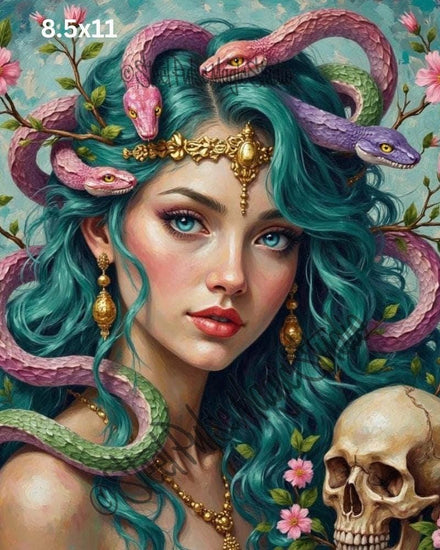 Serpent Goddess | Vibrant Medusa Portrait Print | Fantasy Snake Hair Art | Floral Skull Wall Decor | 2 Sizes