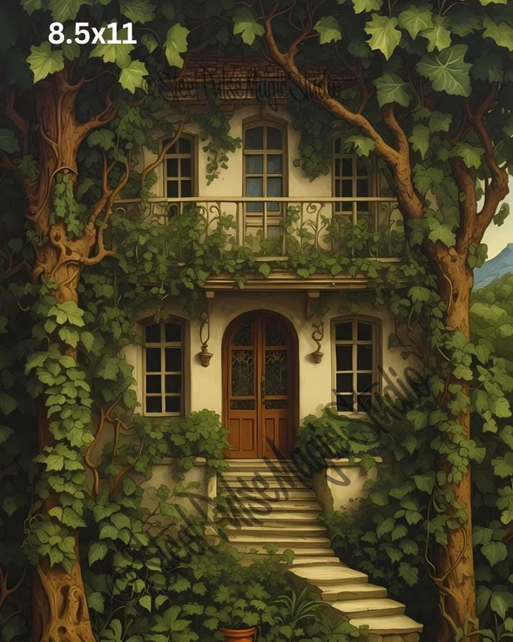 Ivy-Clad Secret Villa | Enchanted Overgrown Mansion Print | Fantasy Forest House Art | Lush Green Wall Decor | 2 Sizes