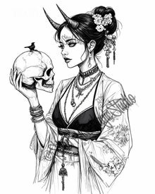 Horned Oracle | Gothic Horned Woman with Skull | Dark Fantasy Line Art Print | Occult Portrait Wall Art | 2 Sizes