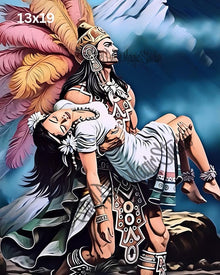 Aztec Warrior's Embrace | Epic Mesoamerican Couple Print | Dramatic Mythic Fantasy Art | Indigenous Wall Decor | 2 Sizes