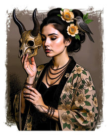 Horned Muse with Skull | Gothic Floral Beauty Portrait | Dark Fantasy Woman Art Print | Occult Elegance Wall Decor | 2 Sizes