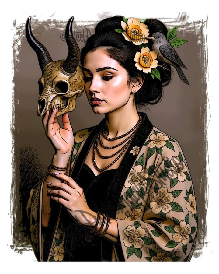 Horned Muse with Skull | Gothic Floral Beauty Portrait | Dark Fantasy Woman Art Print | Occult Elegance Wall Decor | 2 Sizes