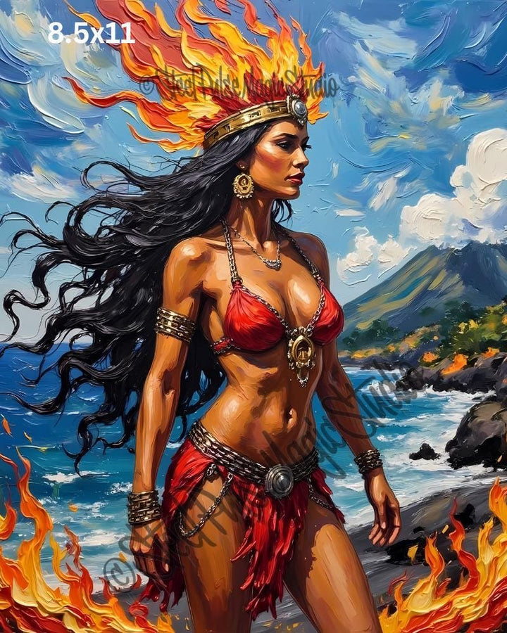 Flame Goddess of the Shore | Fiery Volcanic Warrior Woman | Epic Fantasy Art Print | Dramatic Beach Wall Decor | 2 Sizes
